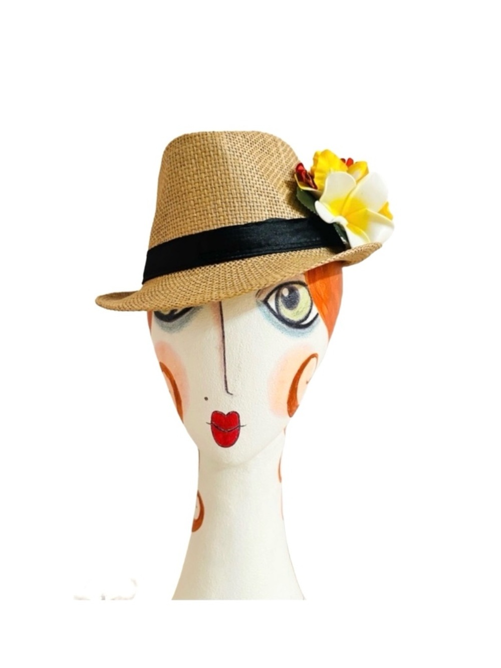 FEDORA ~ Stylish Tan Fedora with Black Satin Ribbon Band Flower Clip size 58